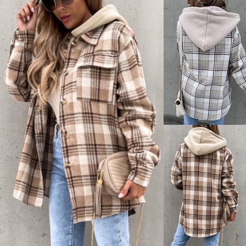 Women's Plaid Check Casual Jacket Shacket Tops Hooded Shirt Loose Coat Oversized